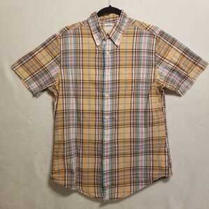 Brooks Brothers M Shirt Short Sleeve Peach Plaid Button Down Cotton Preppy